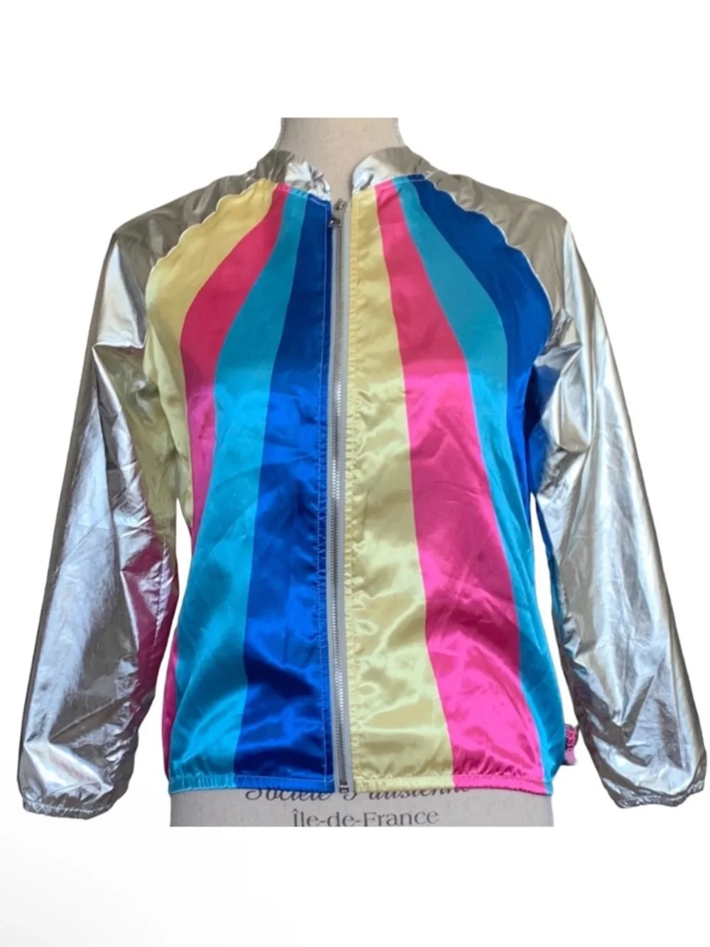 JoJo's Closet Silver & Rainbow Stripes Bomber Jacket Girls Size XL 14/16